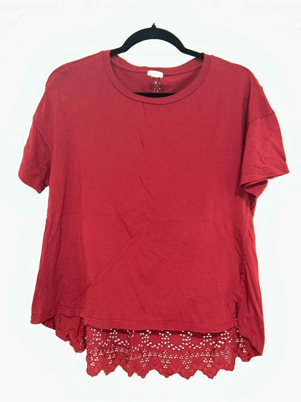 Anthropologie Red Short Sleeve Top with Lace Details